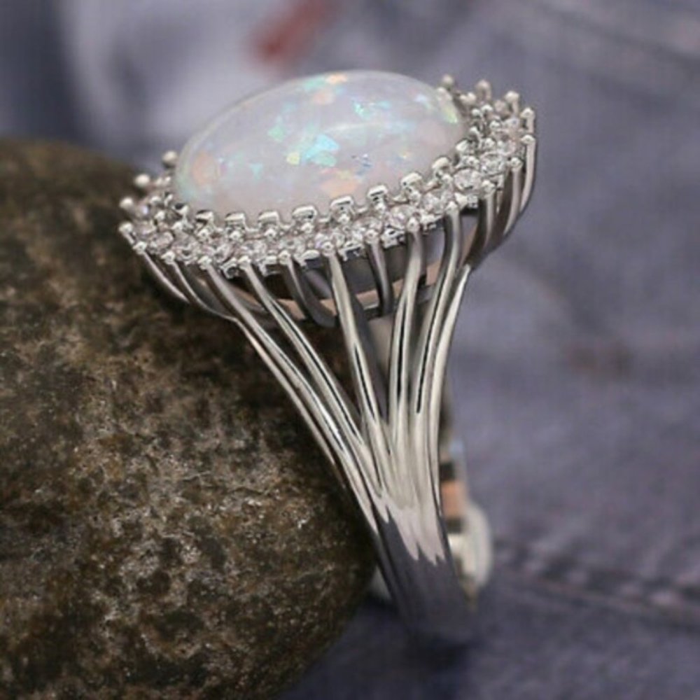 New Oval Cut Opal 925 Silver Wedding Ring - Picture 3 of 5